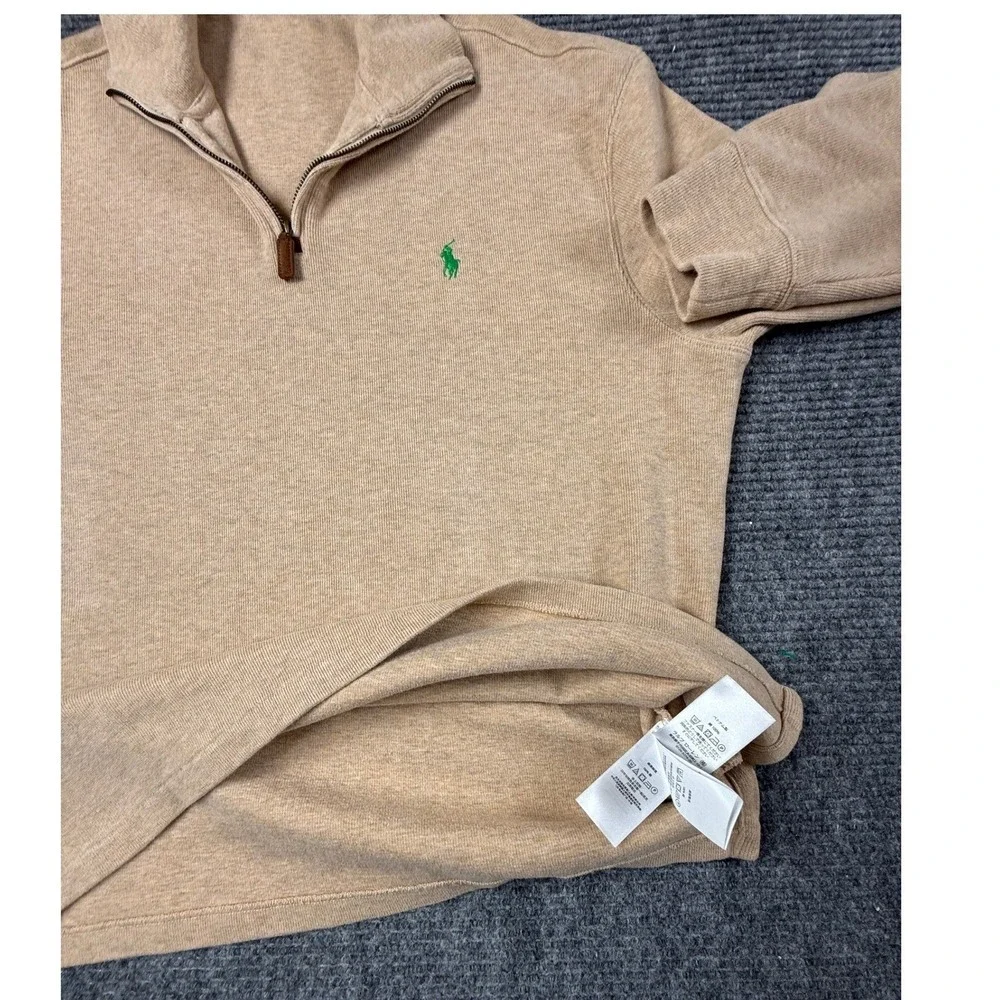 Polo Ralph Lauren Quarter Zip Pullover Mens Large Beige Excellent Leather Trim